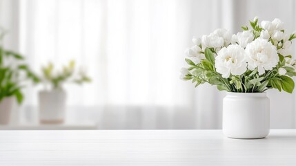 Delicate white flowers in a vase on a white table, soft light