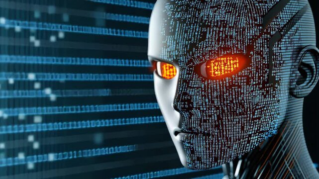 Futuristic Robot with Digital Background and Glowing Eyes