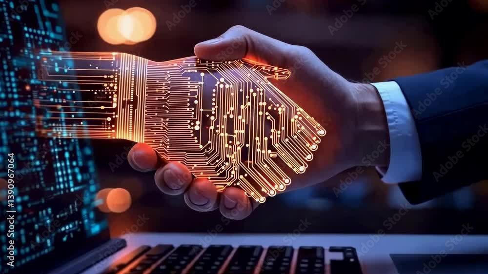 Aufkleber the showcases digital handshake graphic reaching out laptop screen. it depicts technological collabo