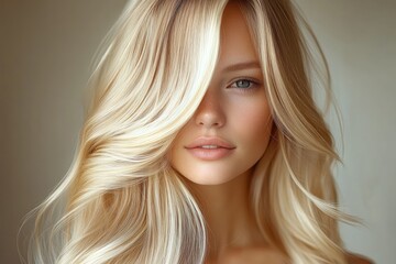 Naklejka premium Blonde Woman with Healthy Long Hair in Minimalist Style Portrait