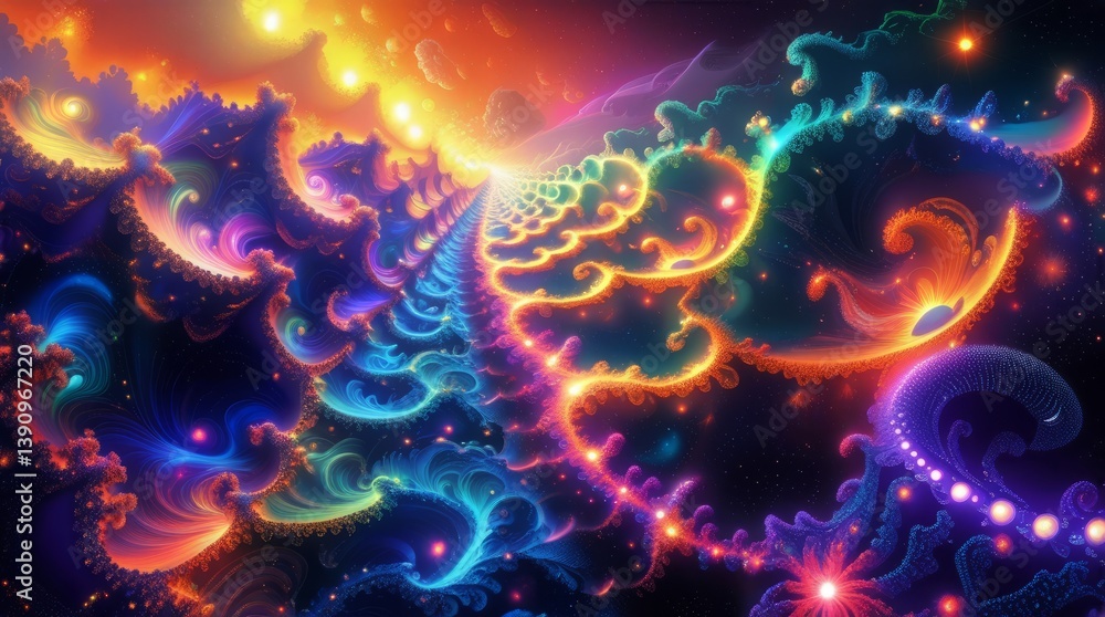 Poster vibrant abstract fractal art with colorful swirling patterns background
