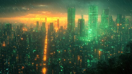 Fototapeta premium Futuristic Cyberpunk Cityscape with Neon Green Glow and Advanced Technology in Urban Architecture