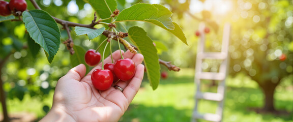 Woman picking bright cherries in orchard, joyful harvest experience