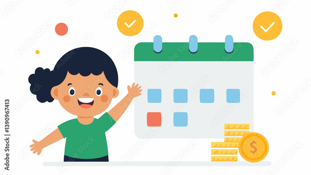 Poster allowance countdown a calendar page with fun stickers marking days until payday. a child is enthusia