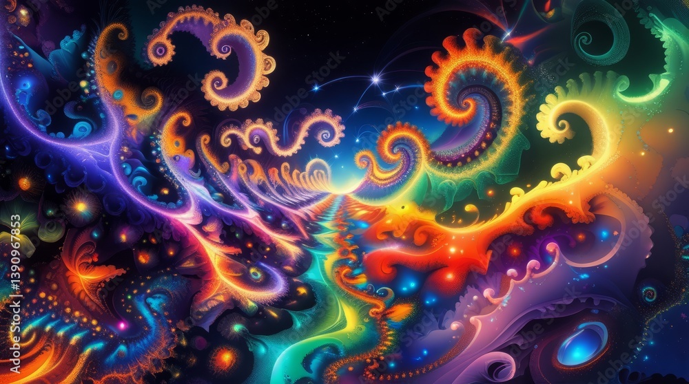 Poster vibrant abstract fractal art with colorful swirling patterns background