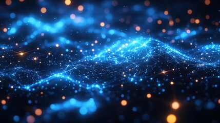 Obraz premium Futuristic Abstract Digital Technology Background with Low Poly Connections and Glowing Particles in Deep Blue