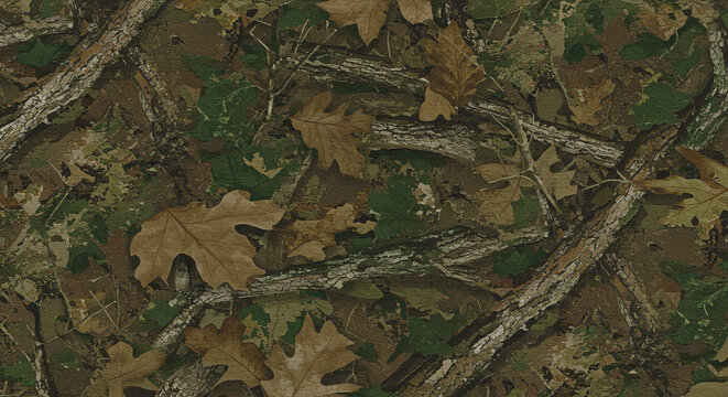 Autumn woodland camouflage pattern showcasing a dense tapestry of fallen leaves, branches, and undergrowth in earthy greens, browns, and tans.