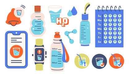 Drink water. Drinking Water set. Hydration icons isolated. Clean Water bottle, glass, elements. Detox drink. Alarm and reminder on phone, Smartwatch about drinking water. Vector illustration