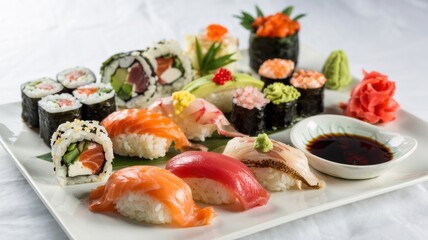 A platter filled with an assortment of delicious looking sushi