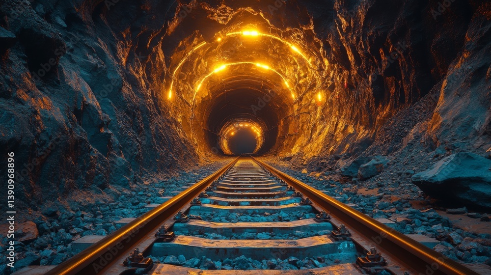 Poster Tracks guide into a brightly illuminated tunnel within a mining site, emphasizing the advanced infrastructure used for mineral excavation and processing activities.