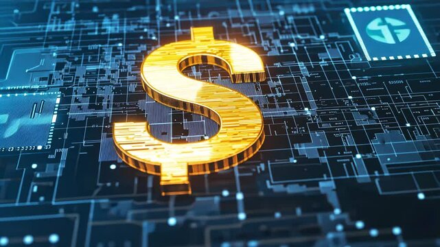 Glowing Dollar Sign on Digital Circuit Board Background