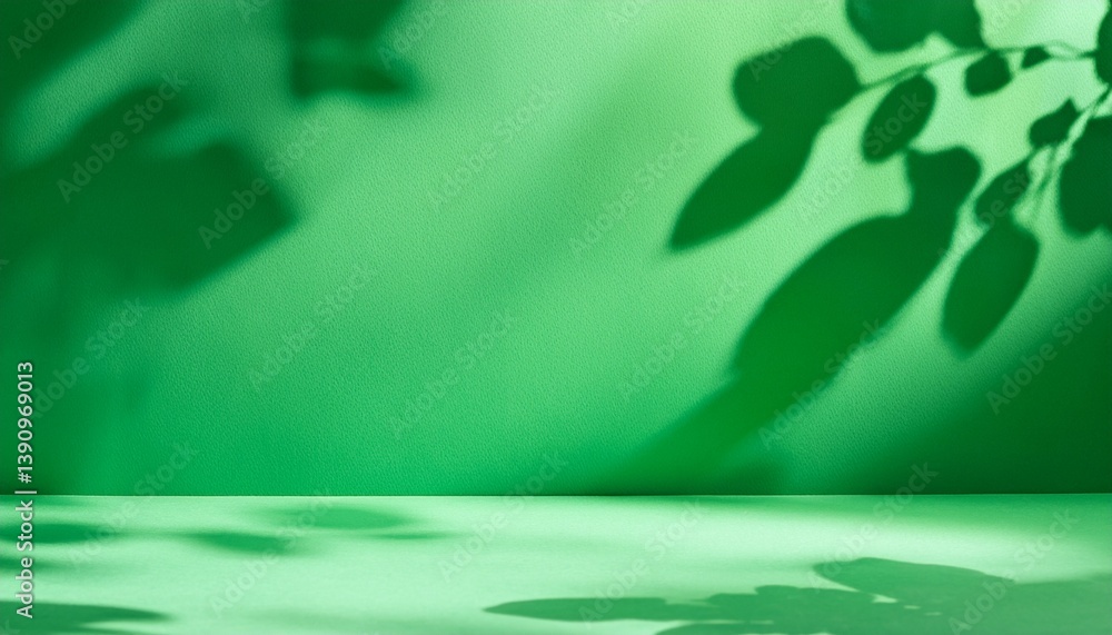 Poster empty green room studio with sunlight affect shadow of leaves. minimal background for product presen