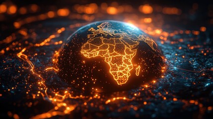 Futuristic Digital Earth with Glowing Neon Lines Highlighting Africa in Cyberpunk Style