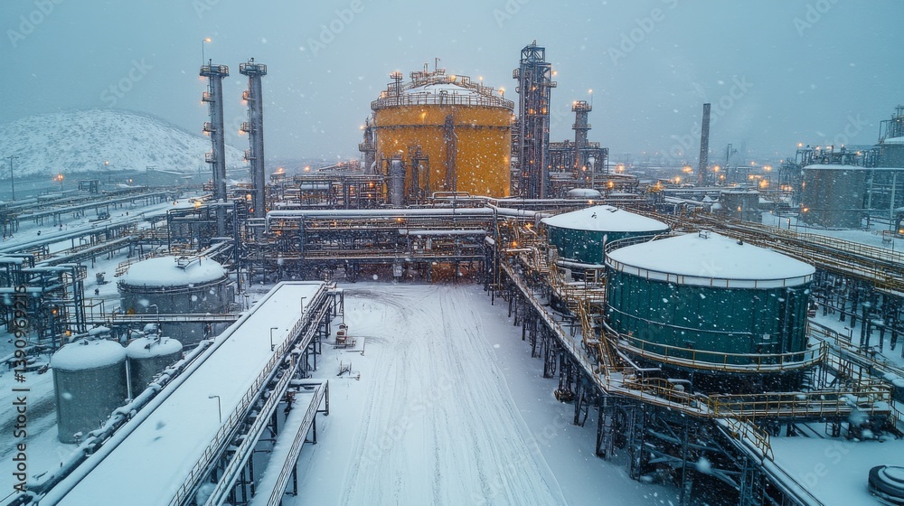 Poster heavy snowfall covers a mining and power generation facility. workers are busy with excavation and m