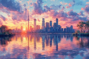 Fototapeta premium Futuristic City Skyline Reflection in Calm Lake during Golden Hour