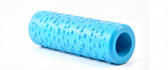 Textured blue massage roller on white background, therapeutic relaxation