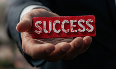 A businessman's hand holds a small red sign with the word "SUCCESS" written in textured white letters.