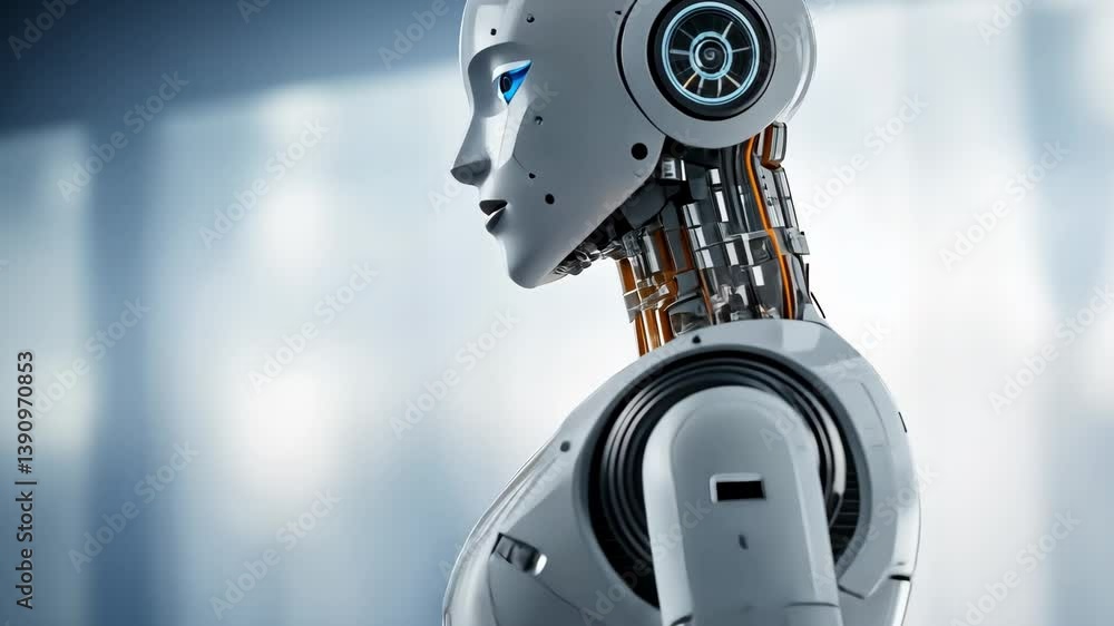 Poster futuristic robot with sleek design and thoughtful expression