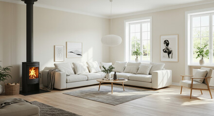 Fototapeta premium A serene living room bathed in sunlight, featuring a cozy modern wood-burning stove, inviting a sense of warmth and comfort with a minimalist aesthetic.