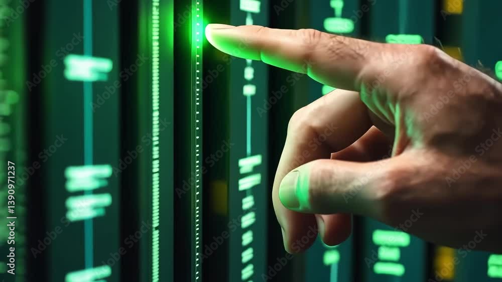Poster hand touching digital interface with green data lines