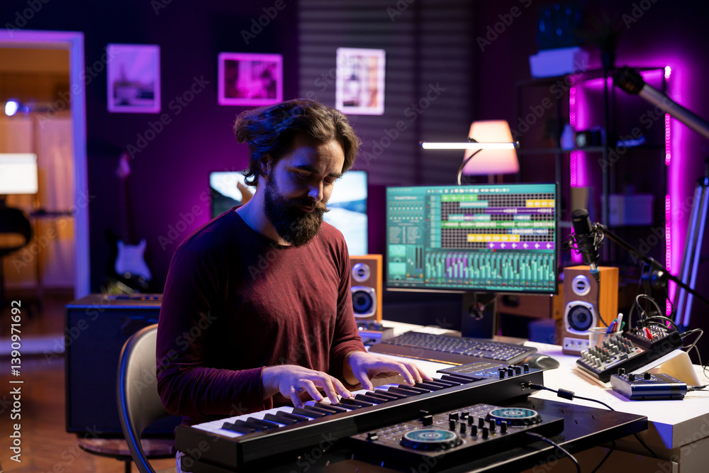 Poster young musician playing songs on piano midi controller in home studio, recording new tunes using daw 