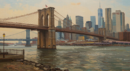 The Brooklyn Bridge stands majestically over a calm river, showcasing the iconic New York City skyline in a warm, golden light, painted with visible brushstrokes.