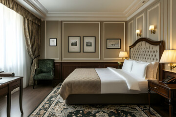A luxurious hotel room with classic decor details