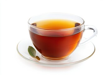 Fototapeta premium Close up of a cup of tea sitting on a saucer with a small leaf