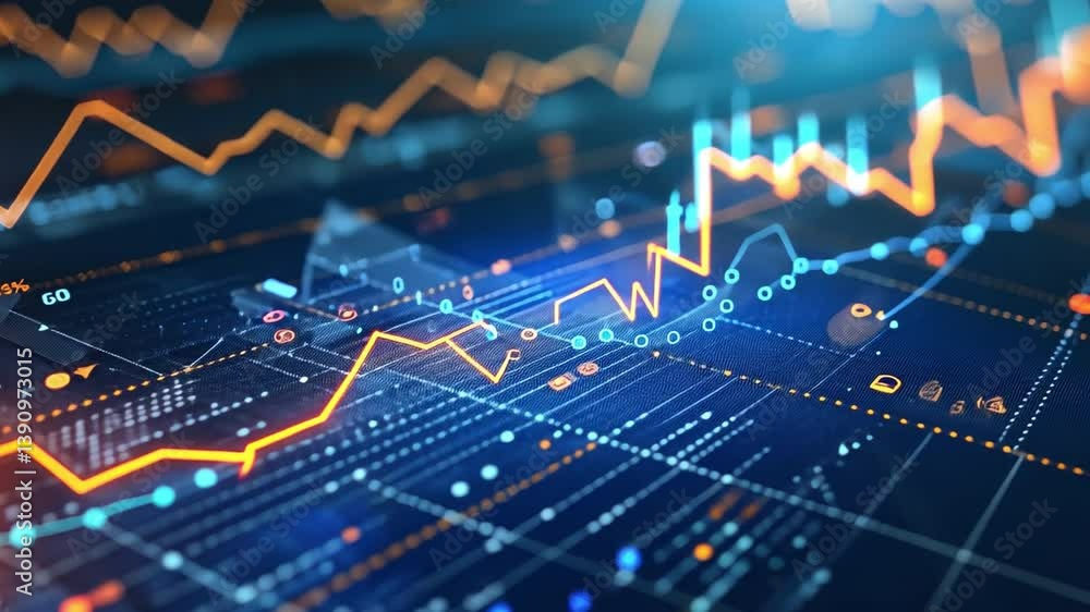 Poster vibrant digital financial data analysis exploring growth trends and market statistics through dynami