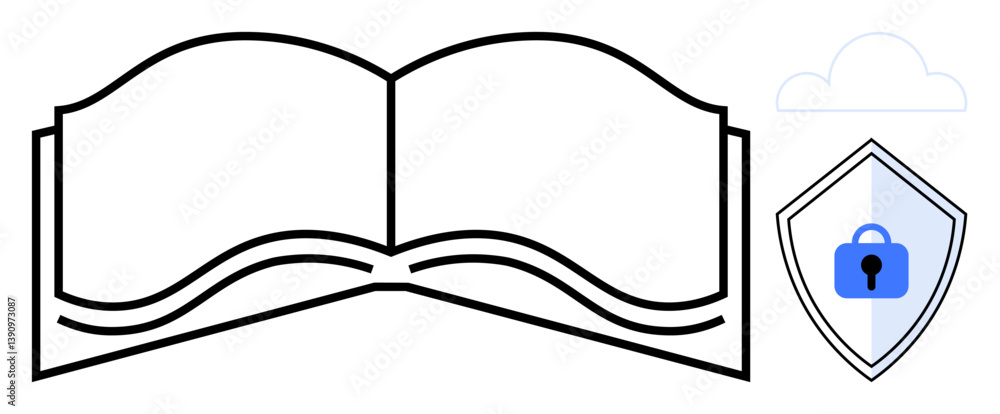 Poster open book icon with cloud and shield lock, emphasizing security and protection of digital knowledge.