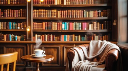 Cozy Library with Leather Armchair and Table with Hot Drink