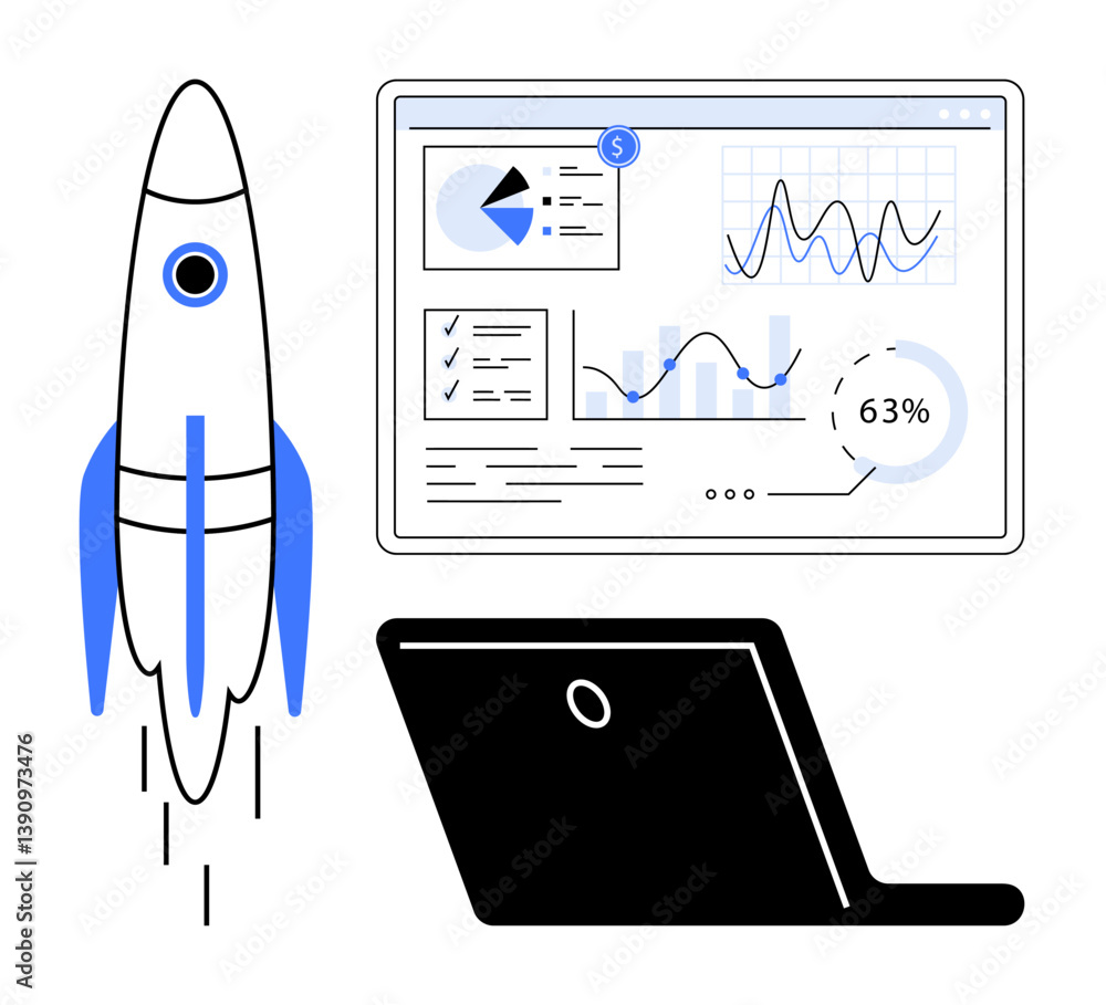Poster rocket taking off near laptop and analytics dashboard with charts, graphs, progress indicators. idea