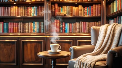 Cozy Library with Leather Armchair and Table with Hot Drink