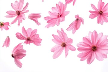 Scattered pink cosmos flowers and petals on a bright background