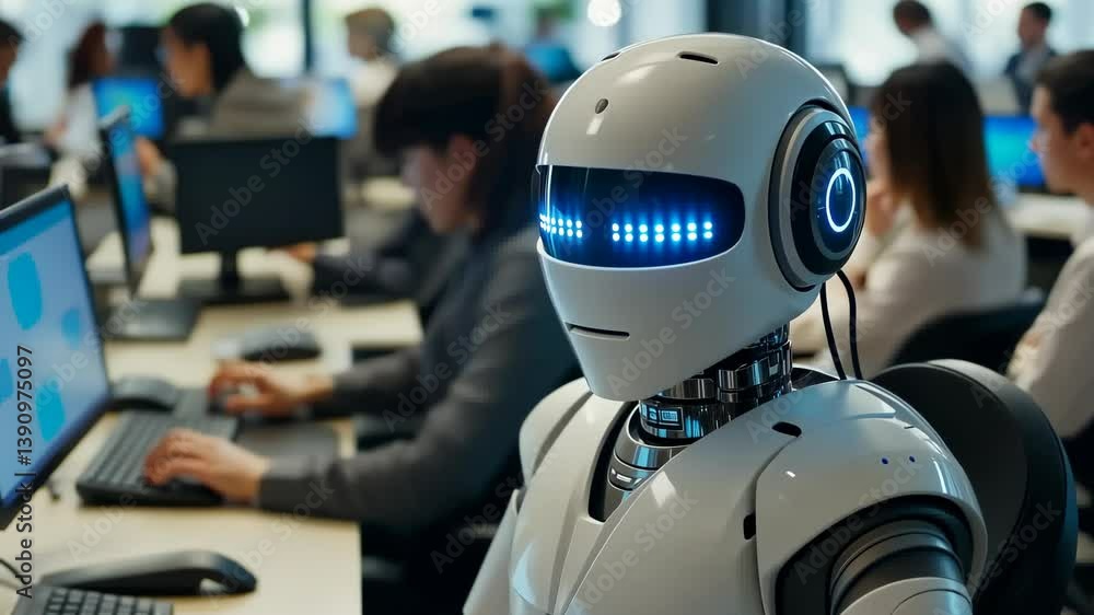 Poster a sleek, white robot integrates seamlessly into office setting, working alongside human colleagues. 