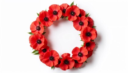 Obraz premium Memorial wreath made of red poppy flowers on white background, symbol of remembrance and tribute for veterans and commemorative occasions