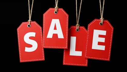 Red hanging sale tags with white bold letters on black background, perfect for advertising discounts, seasonal promotions and retail marketing campaigns