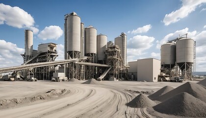 Cement Factory and Gravel Piles Under Blue Sky for Industry Concept