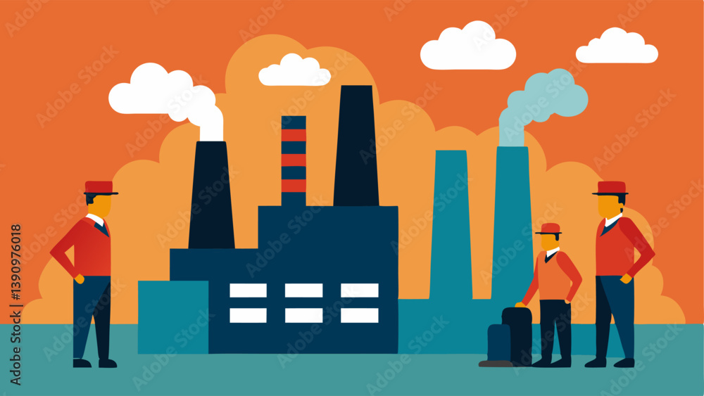 Poster factory pollution a factory with smoke being emitted from chimneys with workers nearby highlighting 