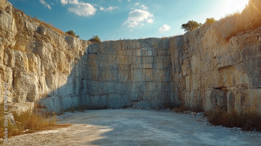 Poster this site features a vast quarry with steep rock walls illuminated by the sun. surrounding vegetatio