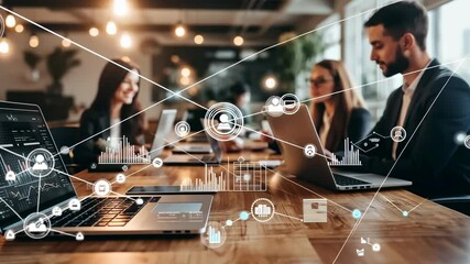 A diverse team collaborates bright, modern office space, analyzing data laptops. Digital overlays graphs , network icons symbolize connectivity , data analysis. The scene highlights modern teamwork. - Powered by Adobe