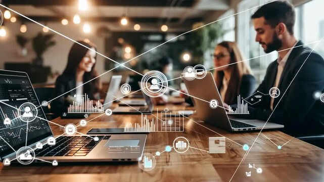 A diverse team collaborates bright, modern office space, analyzing data laptops. Digital overlays graphs , network icons symbolize connectivity , data analysis. The scene highlights modern teamwork.