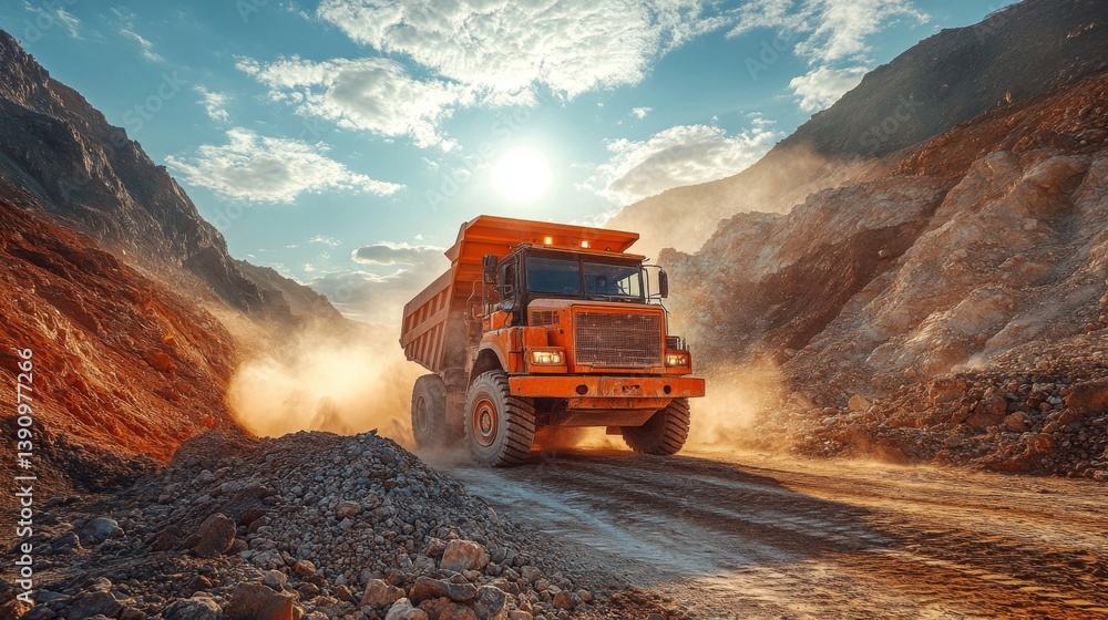 Poster heavy machinery moves through a quarry, transporting minerals and excavating materials. dust clouds 