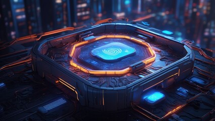A digital futuristic representation of cybersecurity showcasing a black padlock at the center