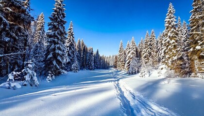 Fototapeta premium Snow-covered trail through winter forest