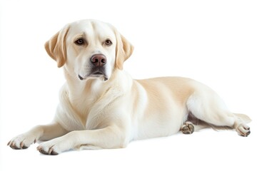 A light yellow labrador retriever lying down on a white surface