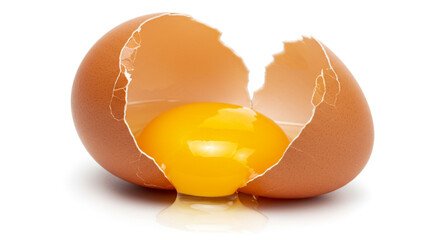 A vibrant, golden yolk spilling from a cracked brown eggshell, a moment of pure, natural freshness against a bright white background.