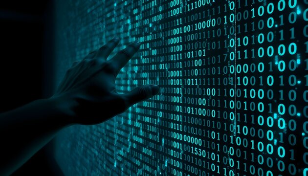 Cybersecurity: Hand Reaching for Binary Code Data Stream - Powered by Adobe