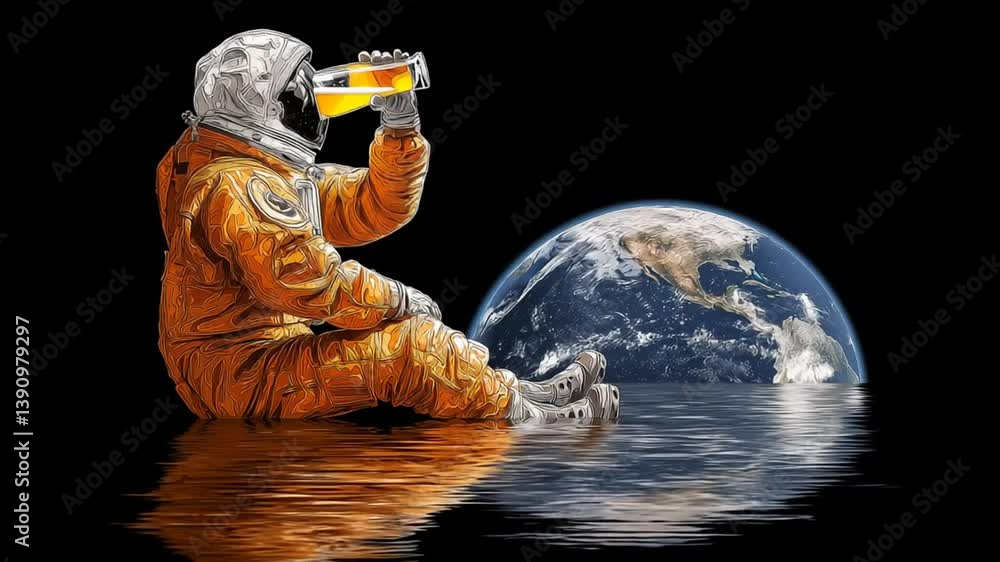 Poster astronaut enjoys a beer while observing earth from space generative ai