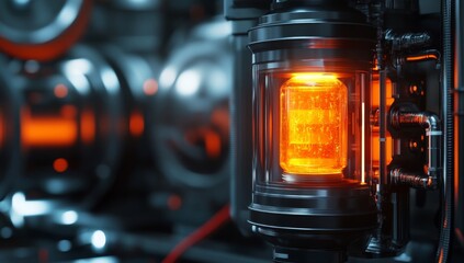 High-tech, glowing reactor core in a futuristic machine.  Intense heat source,  glowing orange material inside.  Complex, industrial machinery in the background